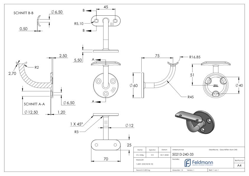 Handlaufhalter mit Handlaufanschlussplatte 33,7mm, (Ronde und Bügel verschweißt),V2A