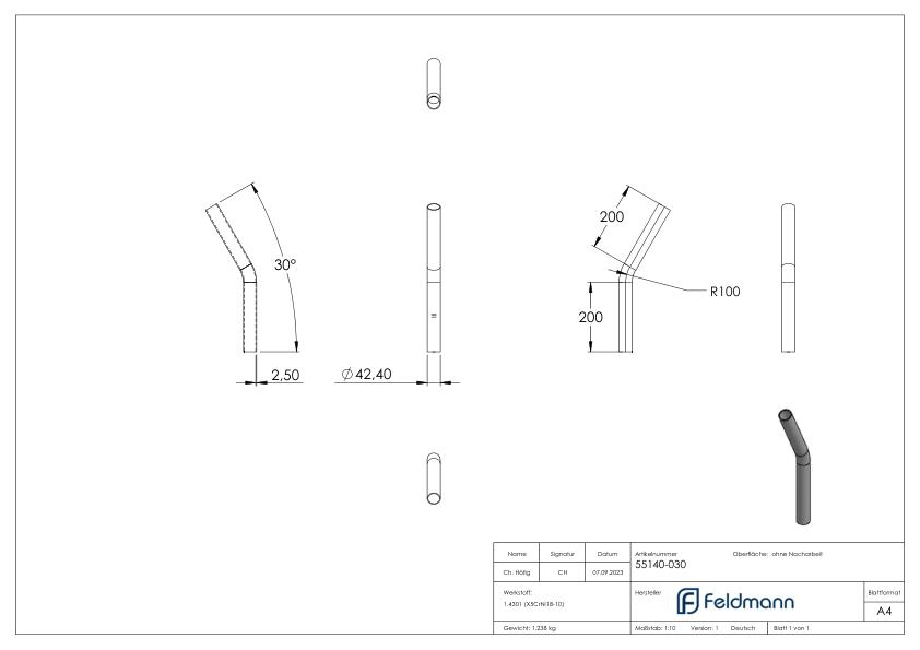 Rohrbogen 30°, aus Rohr 42,4x2,5mm, V2A