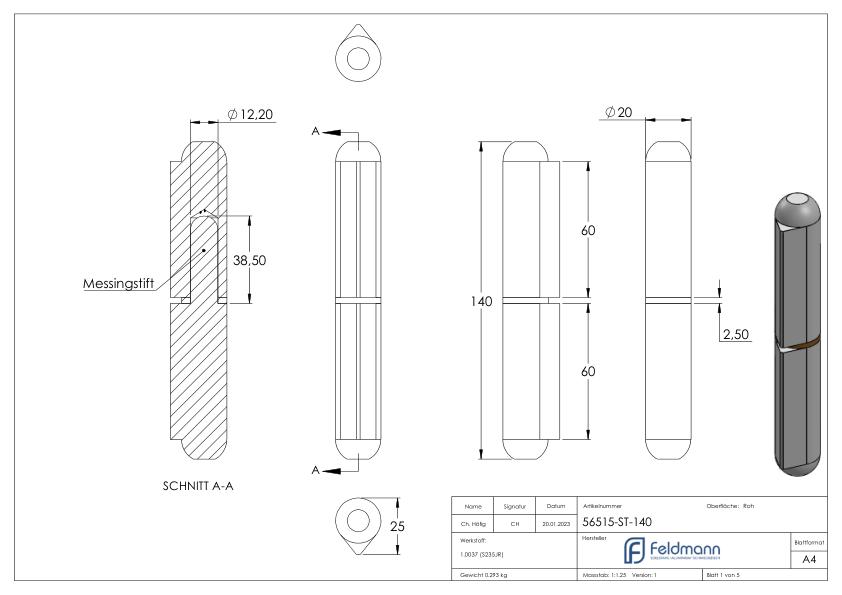 Anschweißband mit Messingring und -stift, Länge: 140mm