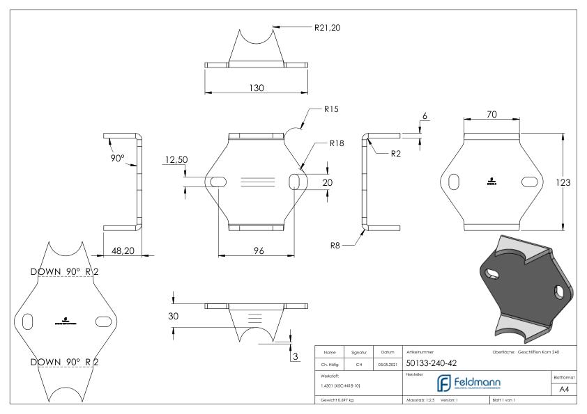 Wandbefestigung für Rohr 42,4mm, V2A