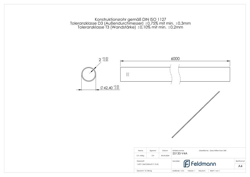 Edelstahlrohr, 42,4x2,0mm, L: 6000mm, V4A