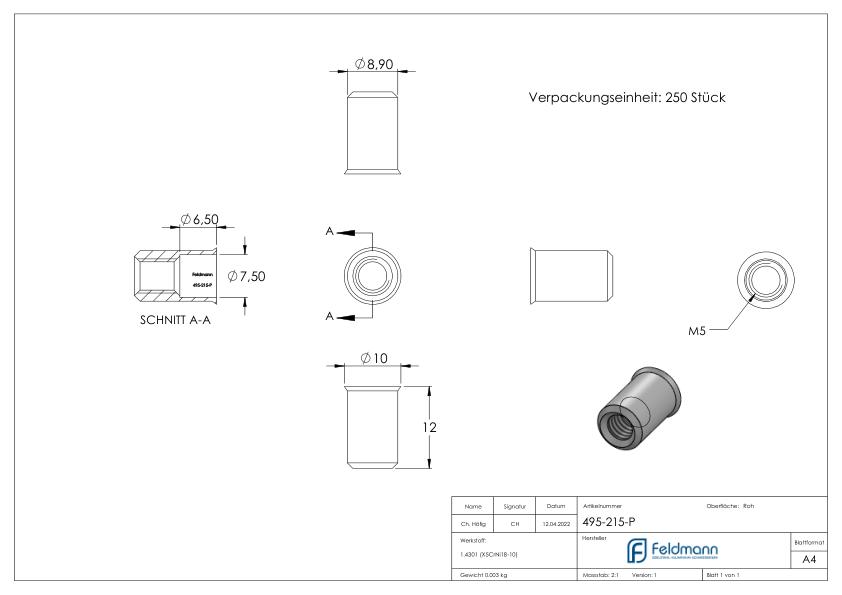 Blind-Einnietmutter, V2A, M6/Loch 9mm, VPE mit 250 Stück, V2A Blind-Einnietmutter, V2A, M6/Loch 9mm, VPE mit 250 Stück, V2A