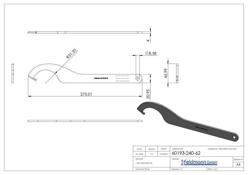 Gabelschlüssel für Glaspunkthalter 62mm, V2A