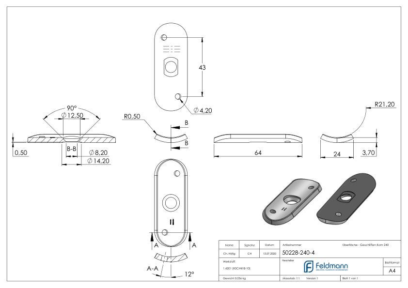 Handlaufanschlussplatte, 42,4mm, Bohrungen versetzt, V2A