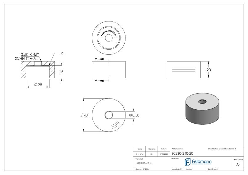 Unterteil Ø 40mm, mit Durchgangsbohrung , t: 20mm, V2A