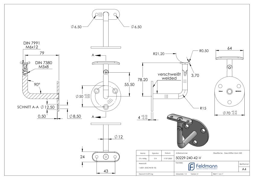Handlaufhalter mit Halteplatte 42,4mm