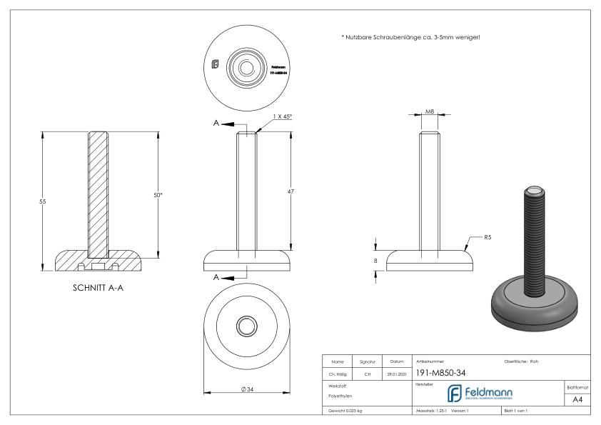 Stellfuß mit Bodenausgleichsschraube M8x50