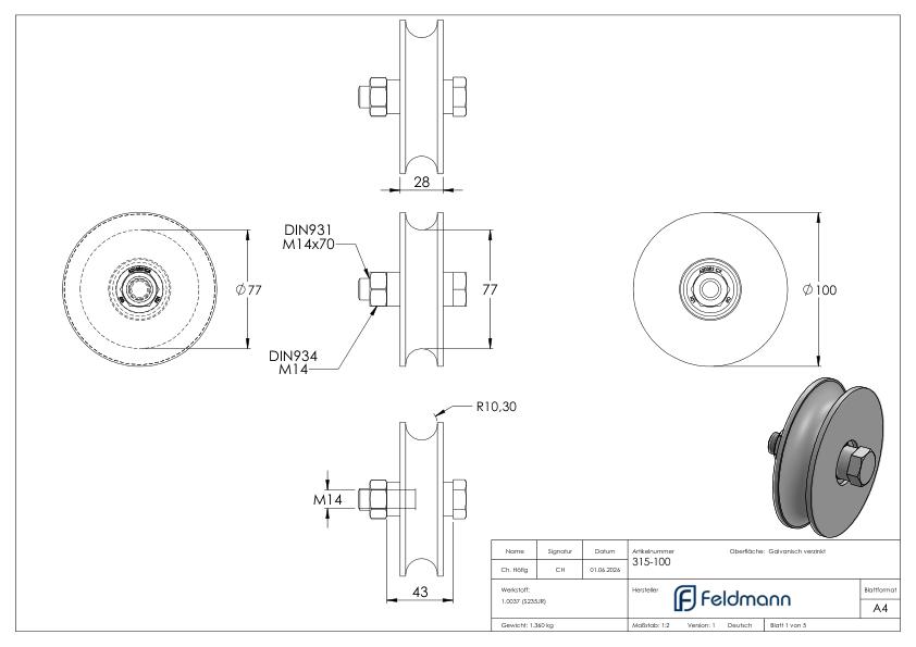 Schiebetorrolle mit Rundrille, Ø 100mm, für Schiene Ø 20mm, 2 Kugellager, verzinkt
