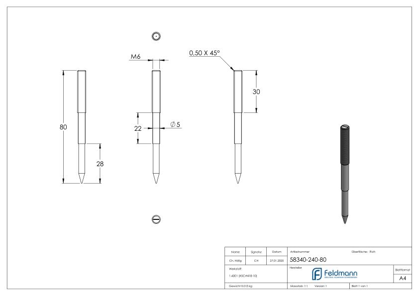 Stockschraube M6x80mm, V2A