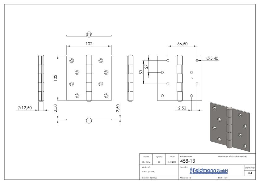 Scharnier 102x102x2,5mm mit herausnehmbaren Zapfen