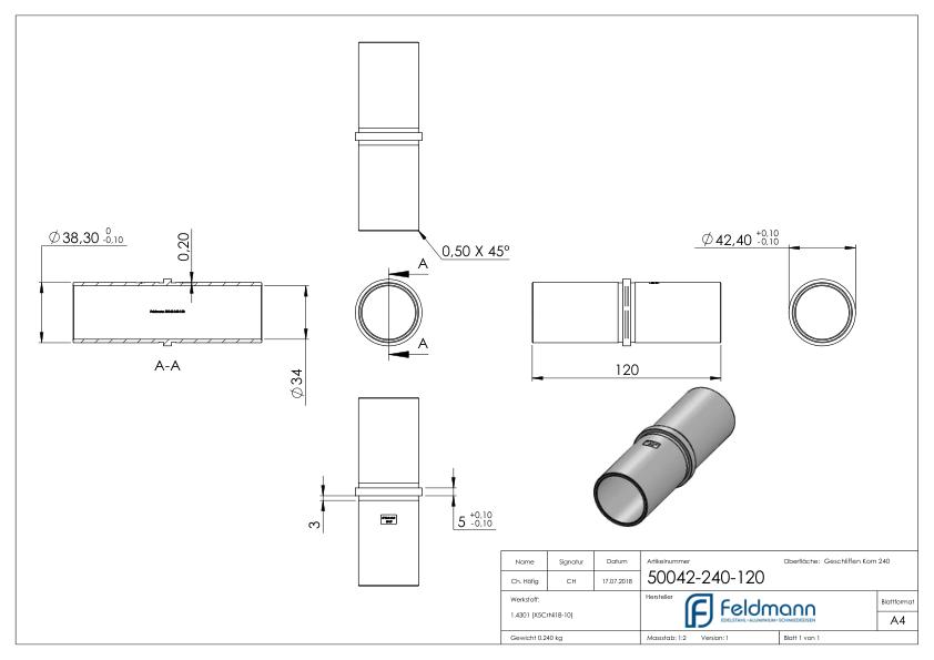 Verbindungsstück für Rohr 42,4x2,0mm, V2A