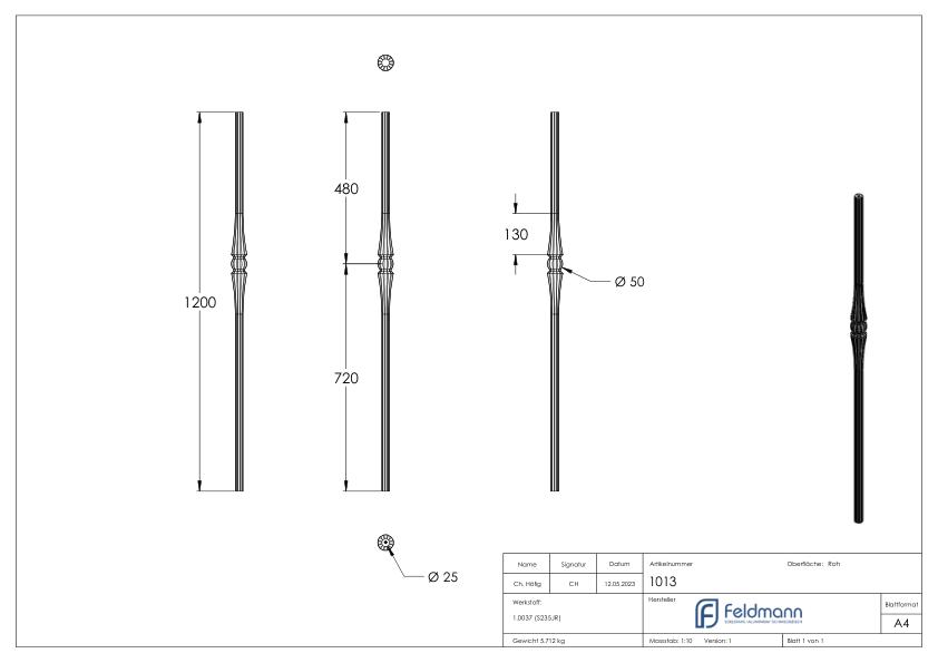 Anfangsstab 25x25mm gehämmert, mit Kugel Ø 50mm, H: 1200mm