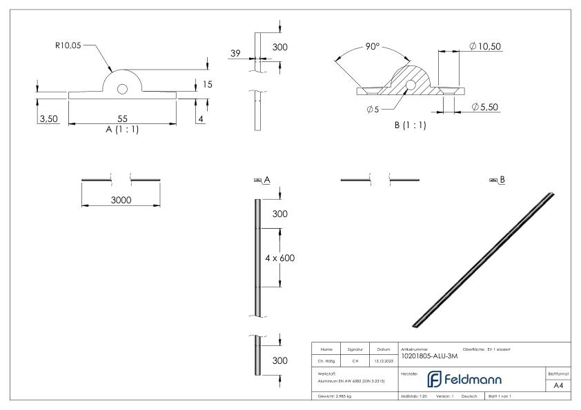 Laufschiene zum Aufschrauben, L: 3m, Aluminium Laufschiene zum Aufschrauben, L: 3m, Aluminium