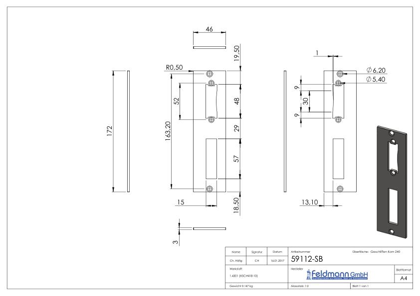 Edelstahlschließblech 172x46x3,0mm, für Abstand 72mm, V2A