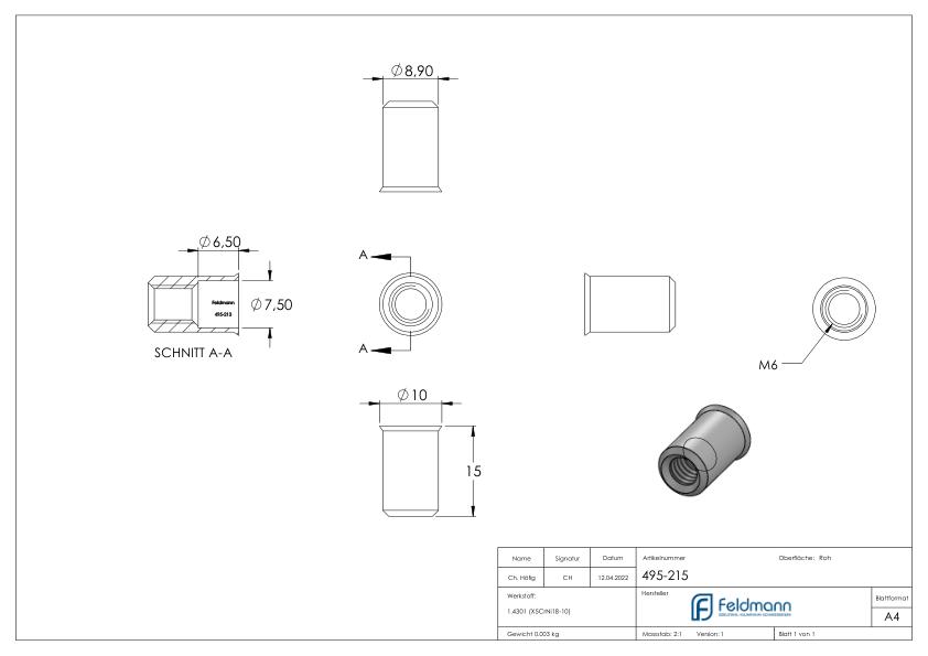 Blind-Einnietmutter, V2A, M6/Loch 9mm, V2A