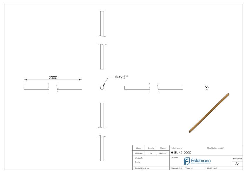 Holzhandlauf Buche, Ø42mm, L: 2000mm