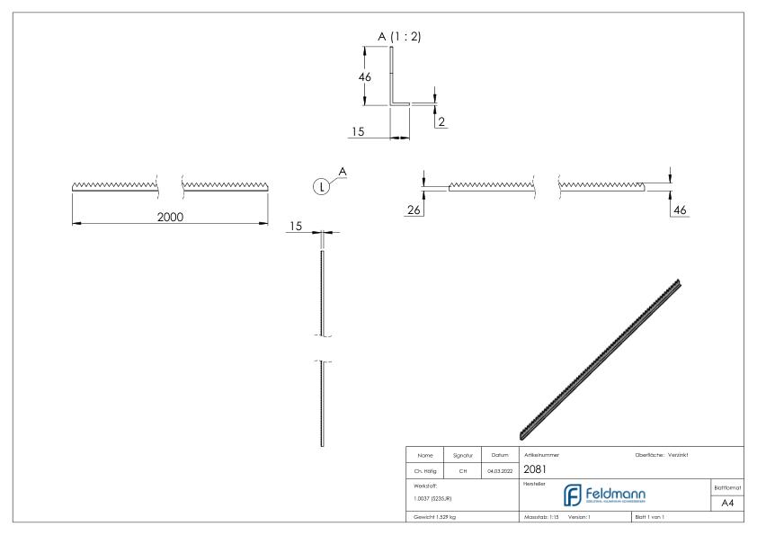 Zackenleiste 45x15x2,5mm, feuerverzinkt, L=2m