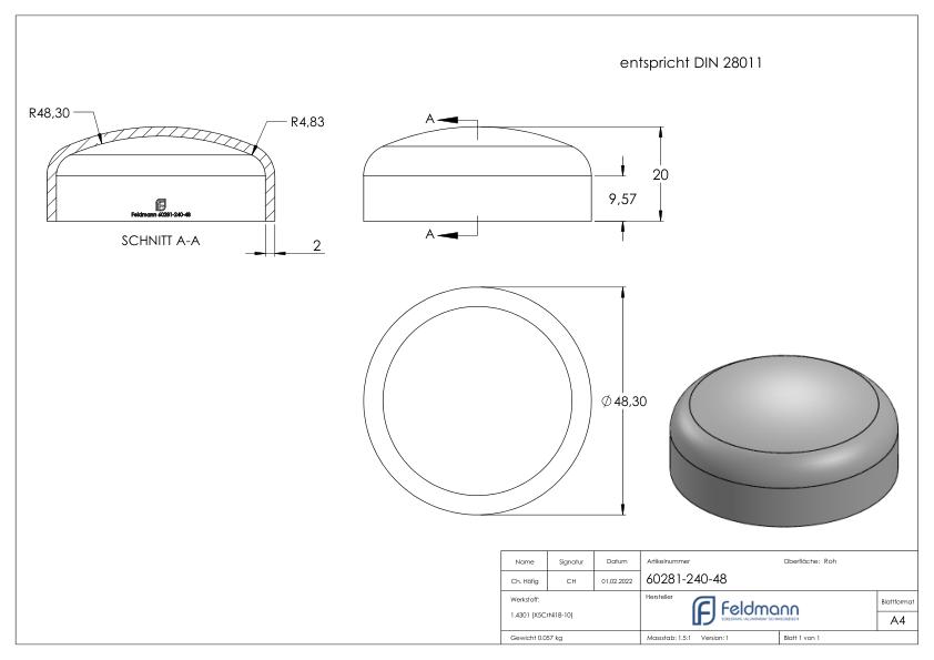 Klöpperboden 48,3x2,0mm, DIN 28011, V2A