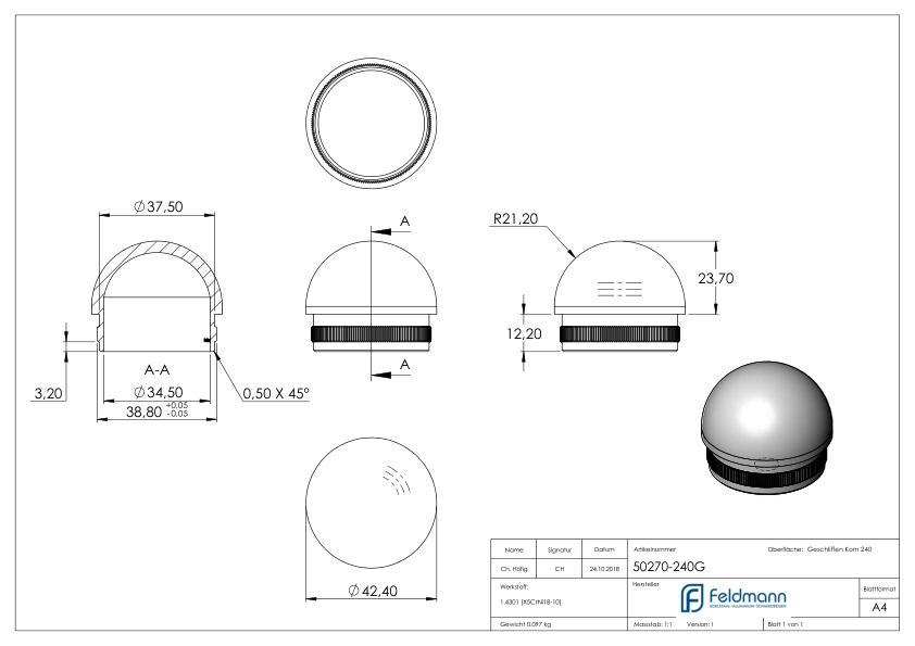 Rohrabschlussstopfen, für Rohr 42,4x2,0mm, V2A