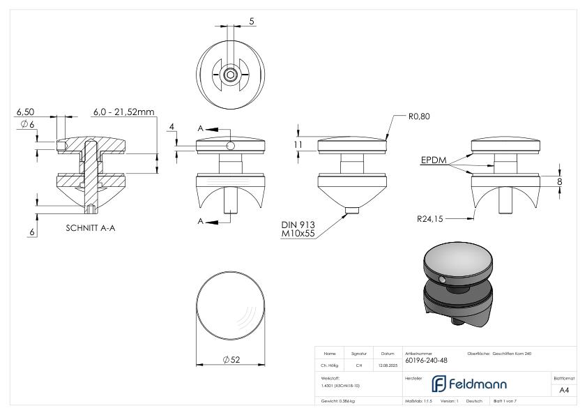 Glaspunkthalter 52mm, Anschluss: 48,3mm, V2A