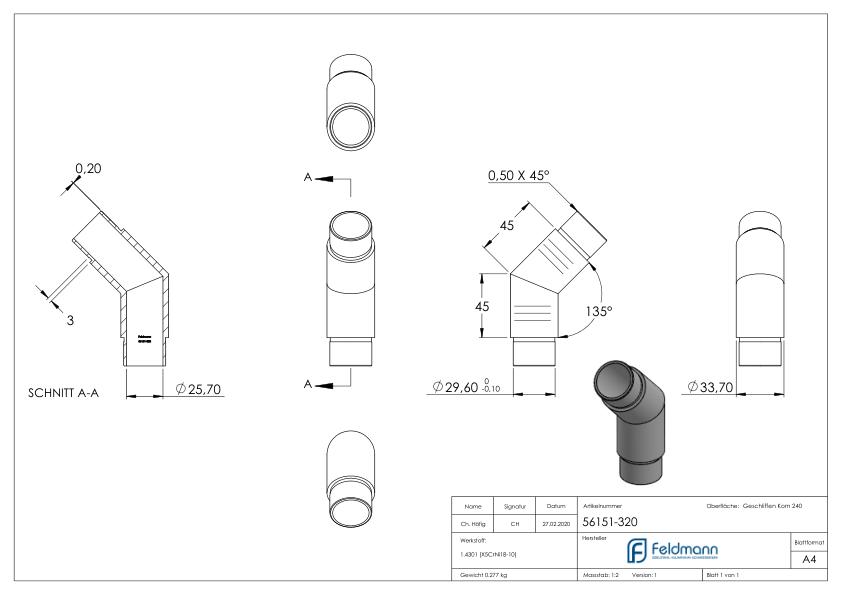 Eckstück 135°, für Rohr 33,7x2,0mm, V2A