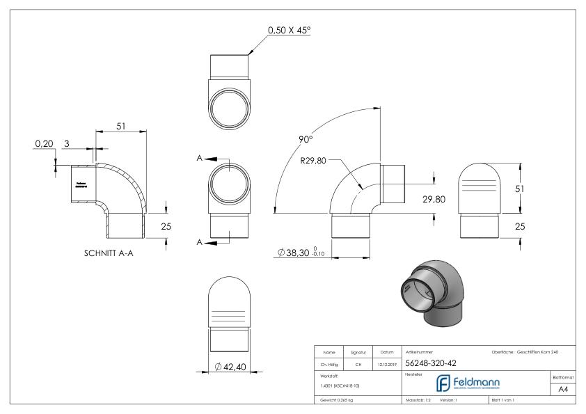 Rohrbogen 90° eng, für Rohr 42,4x2,0mm, V2A