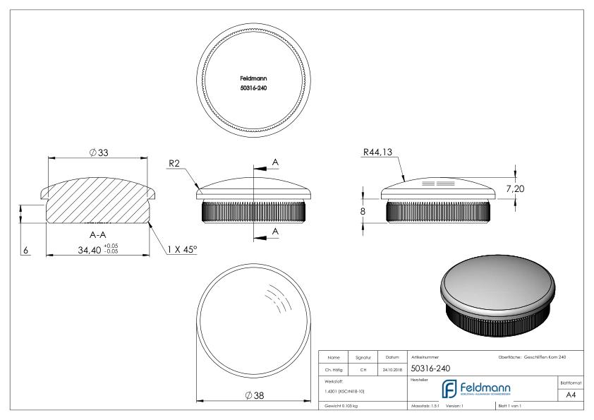 Rohrabschlussstopfen, für Rohr 38,0x2,0mm, V2A