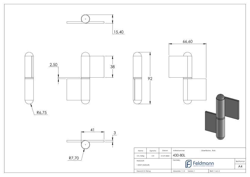 Anschweißband mit festem Zapfen, linke Ausführung