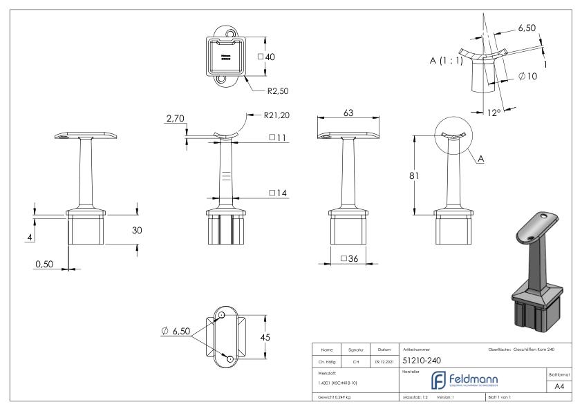 Rohrabschlussstopfen mit Stift für Rohr 40x40x2mm, V2A
