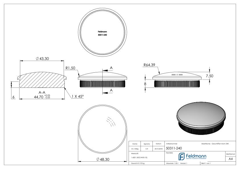 Rohrabschlussstopfen, für Rohr 48,3x2,0mm, V2A