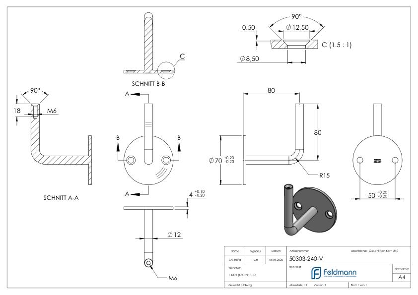Handlaufhalter mit Innengewinde M6 (Ronde und Bügel verschweißt), V2A