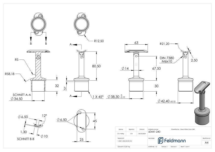 Rohrabschlussstopfen mit Gelenk und Platte, für 42,4x2,0mm, V2A