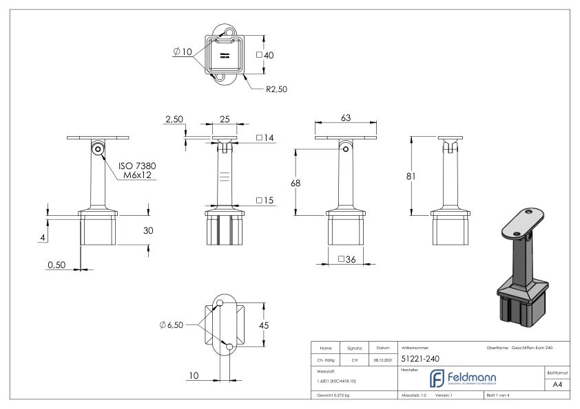 Rohrabschlussstopfen mit Gelenkstift für Rohr 40x40x2mm, V2A