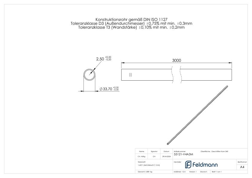 Edelstahlrohr, 33,7x2,5mm, L: 3000mm, V4A