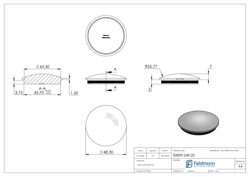 Rohrabschlussstopfen, für Rohr 48,3x2,5mm, V2A