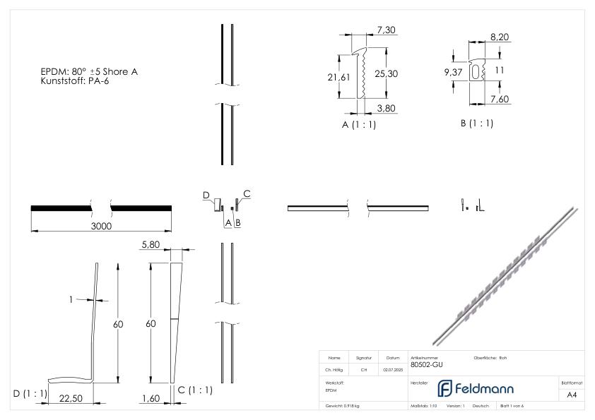 Montageset für 3m Aluprofil für Glas 20,76 - 21,52mm
