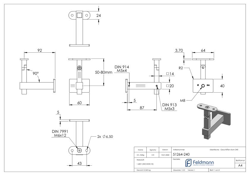 Handlaufhalter eckig mit gerader Handlaufanschlussplatte, V2A