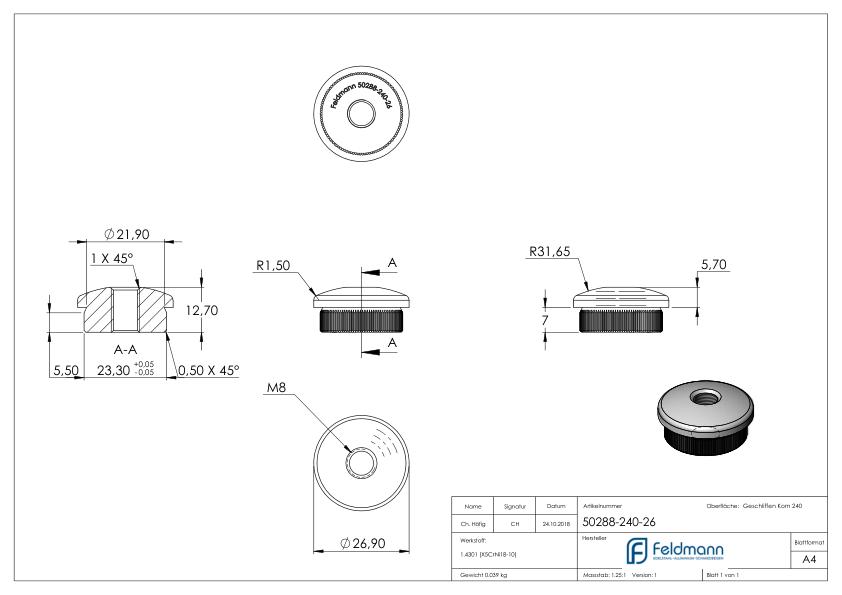 Rohrabschlussstopfen, für Rohr 26,9x2,0mm, V2A
