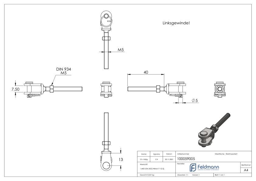 Gabelterminal mit Außengew. M5 links, V4A