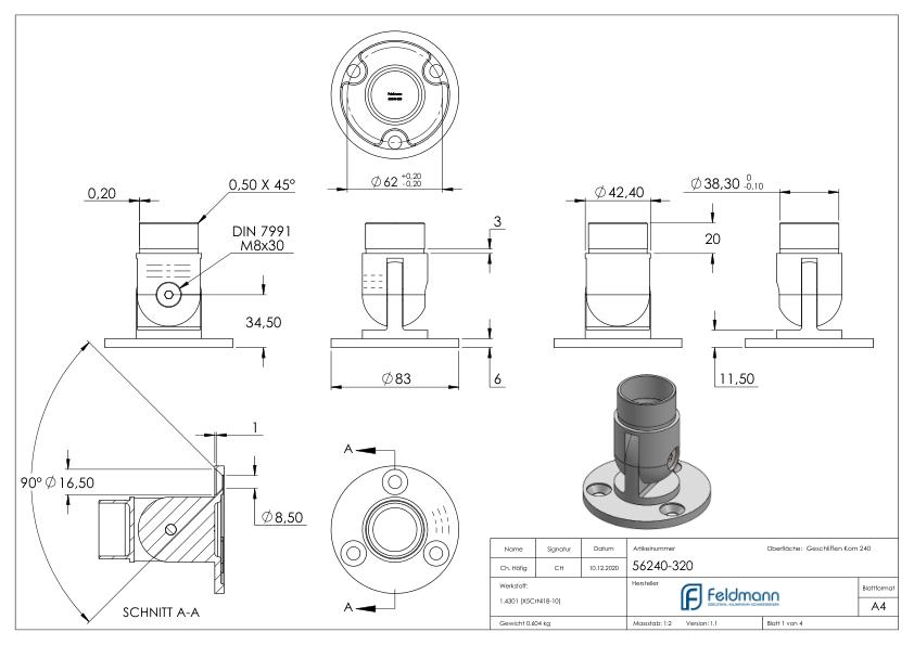 Wandhalter flexibel, für Rohr 42,4x2,0mm, V2A