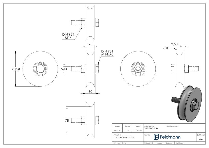 Schiebetorrolle Ø 100mm mit Rundrille Ø 20mm, V4A