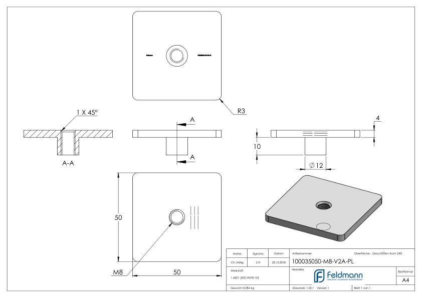 Platte, 50x50mm, M8, V2A