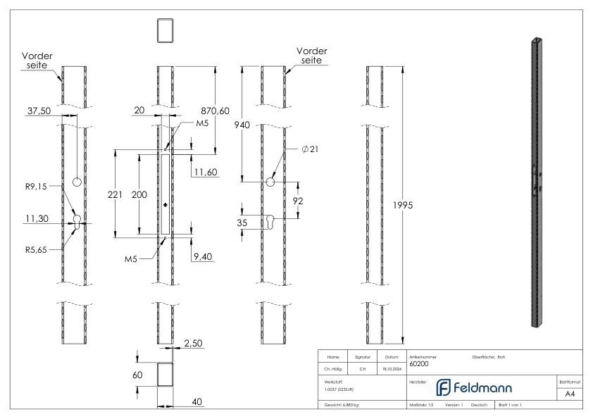 Schlossrohr 60x40 gehämmert, L:2000mm