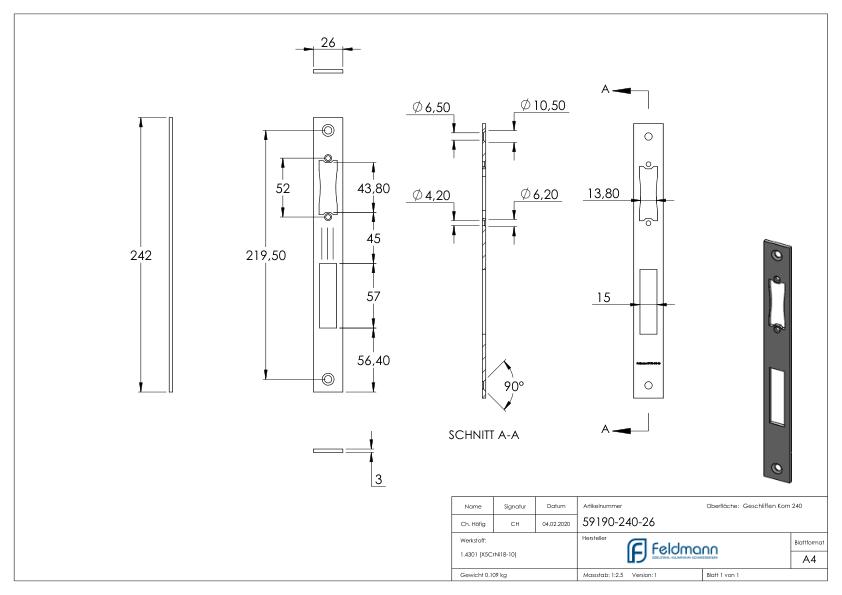 Edelstahlschließblech 242x26x3,0mm, für Abstand 92mm, V2A (1.4301)