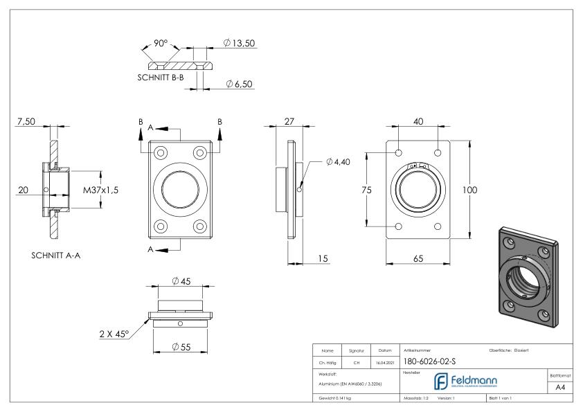Montageplatte eckig 65x100mm