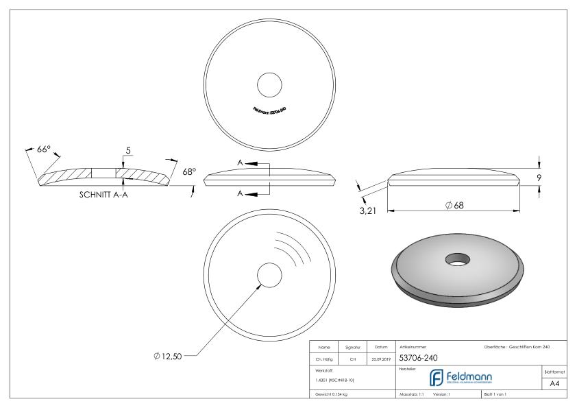 Ronde, Ø 68x5mm, gewölbt, mit Rundschliff, V2A