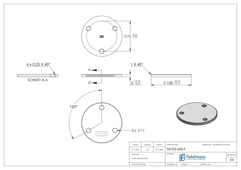Ankerplatte Ø 100x6mm, mit Längsschliff und Fase, V2A
