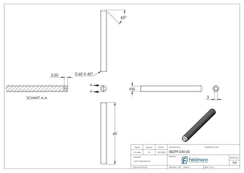 Gewindestift M6x60, V2A, DIN 913 / ISO 4026
