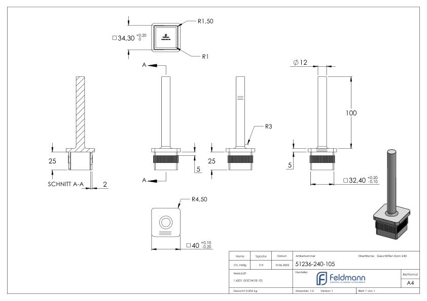 Stopfen mit Stift für Rohr 40 x 40 x 3,0mm, Höhe 105mm