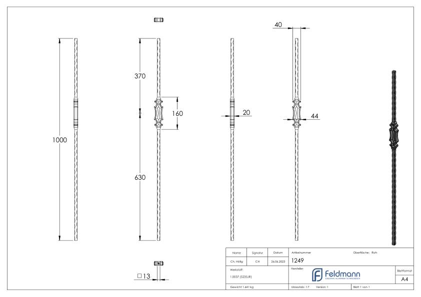 Zierstab 13x13mm, gehämmert, H: 100mm